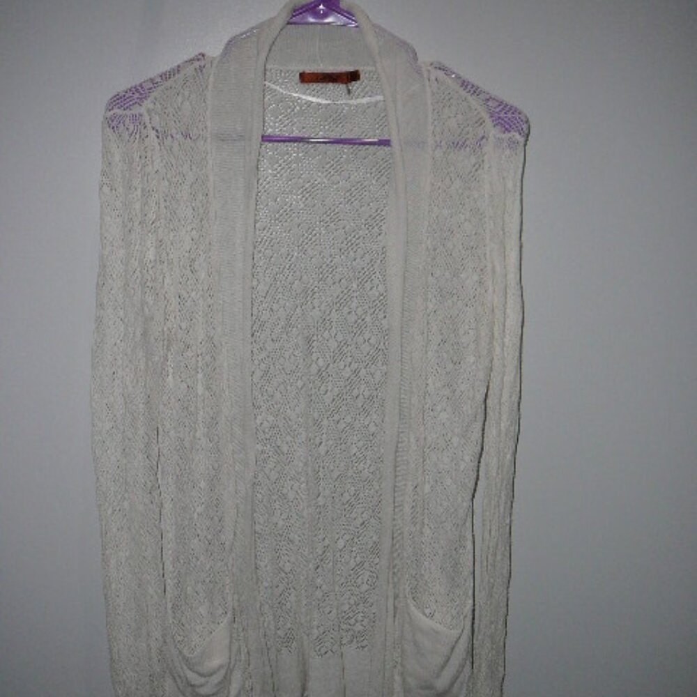 Belldini Long Sleeve Ivory Cream Color Linen Blend Open Sweater Pockets Size-Med